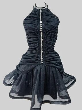 Sierra Darien Black Shimmer Crystal Halter Ruched Mini Dress Tutu Skirt Size S